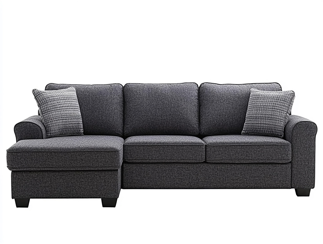Sofá modular de tela gris con chaise longue