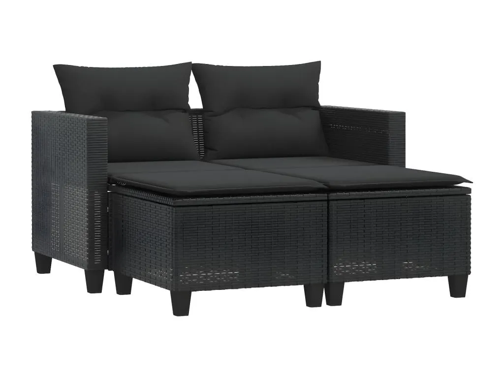 Sofá de jardín 2 plazas con toldo y taburetes ratán PE negro PMXA78666