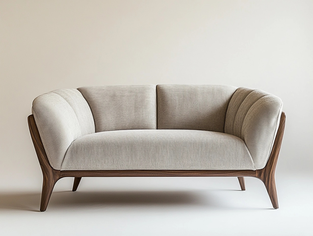 Sofá Dos Plazas Curvo Beige Madera de Nogal Tela 140cm