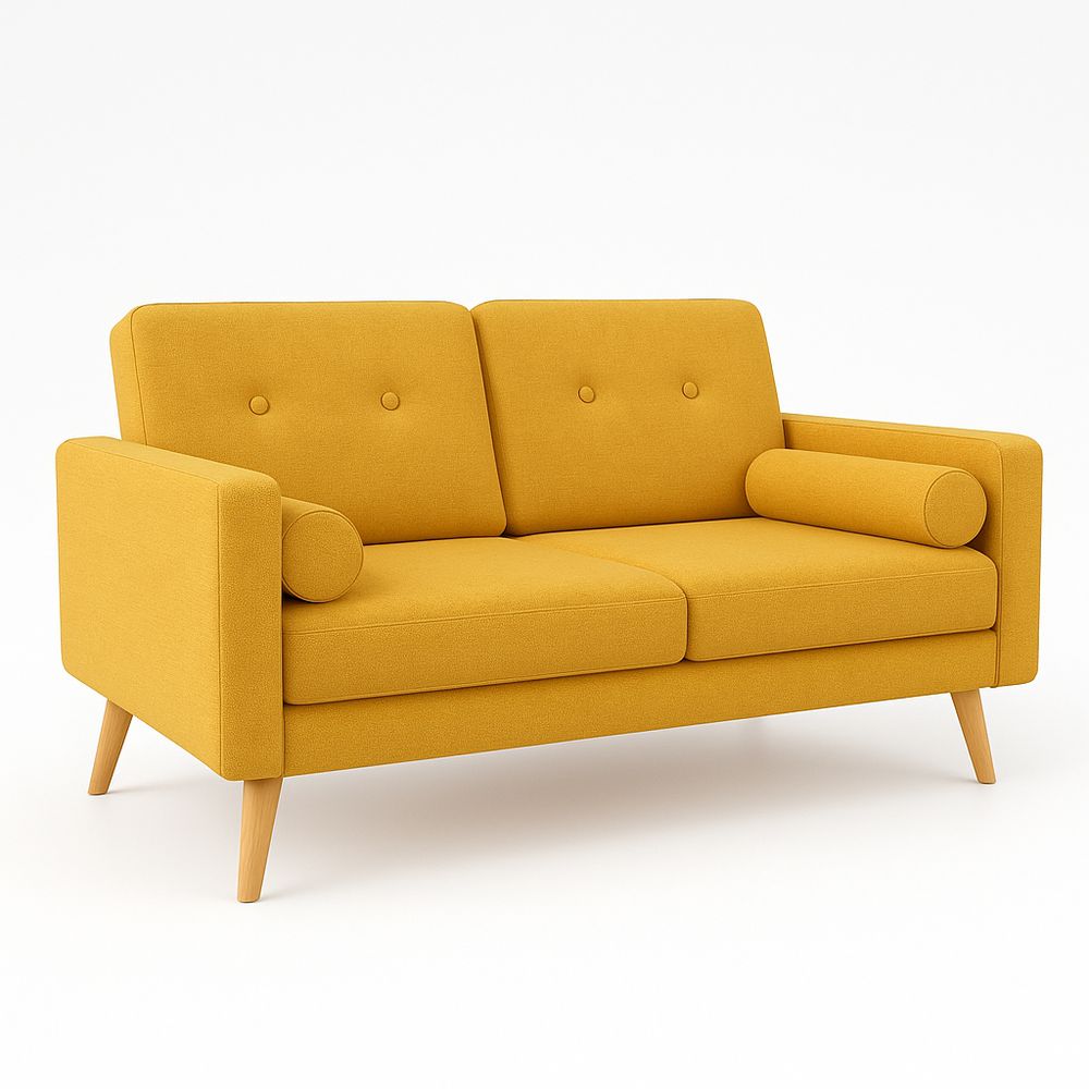 Sofá amarillo moderno de dos plazas con brazos y almohadas