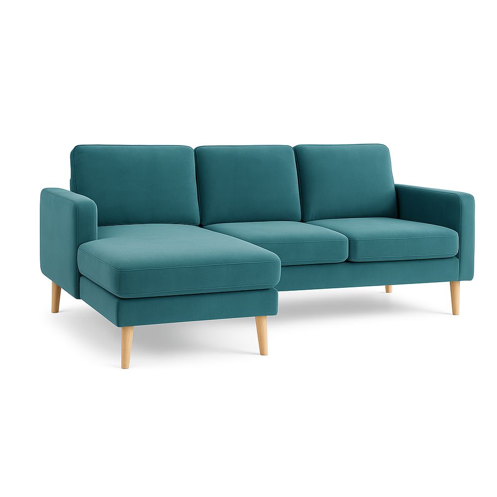 Sofá moderno en terciopelo azul con chaise longue,diseño contemporáneo,estructura de madera