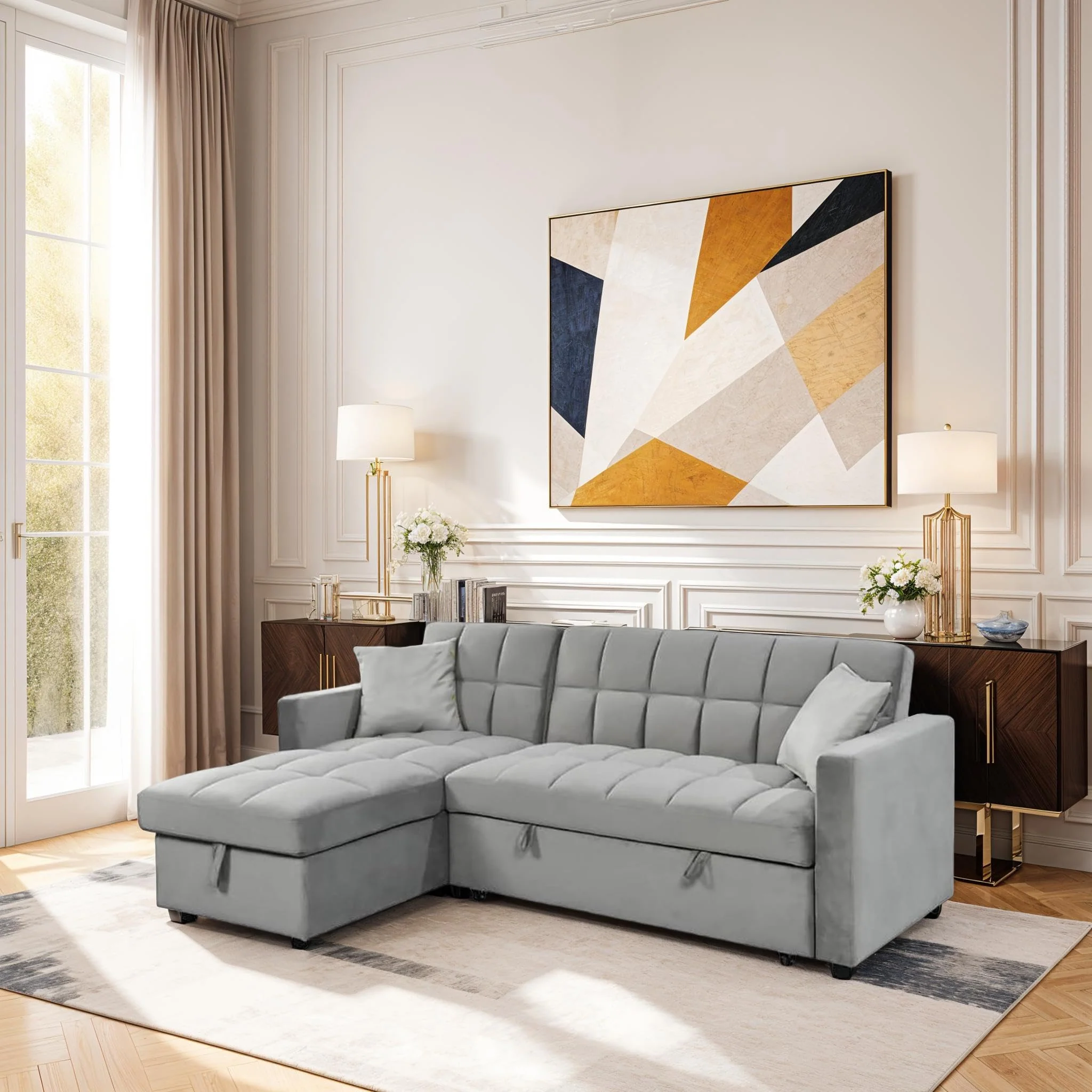 Sofá cama chaise longue reversible con arcón 210x145 cm