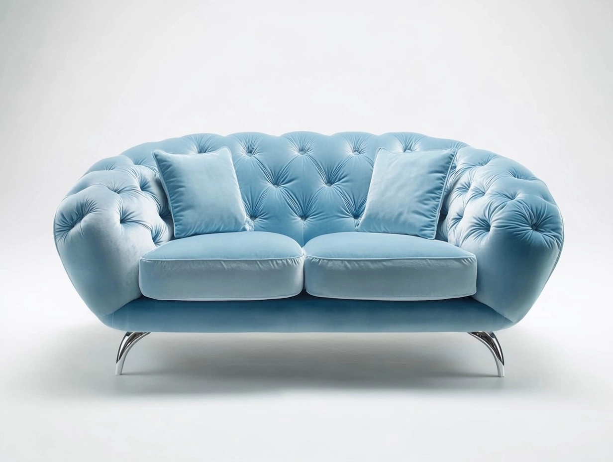 Sofá de terciopelo azul celeste de dos plazas estilo moderno para sala de estar 190x95x90 cm con patas metálicas y cojines incluidos NK2147235