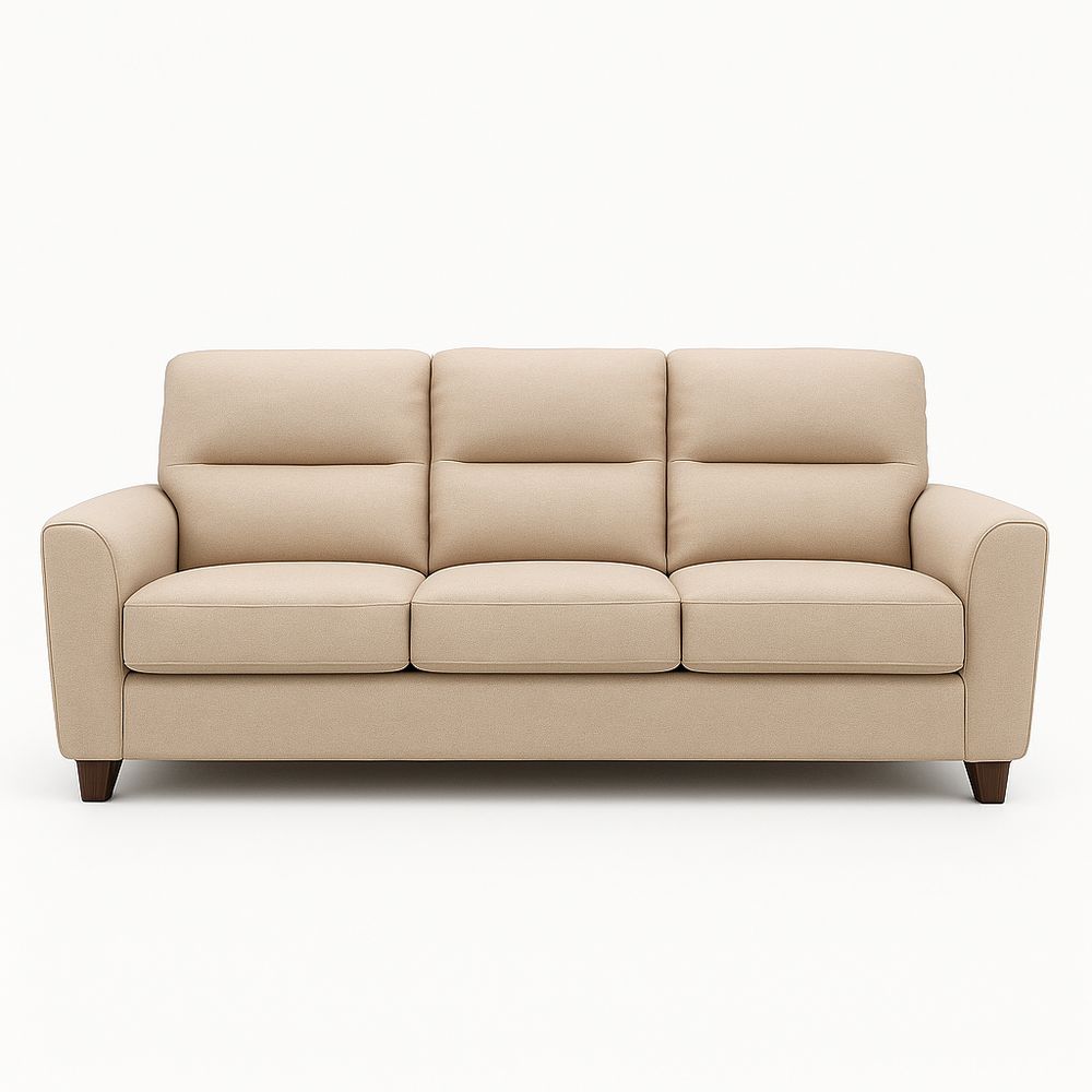 Sofá moderno de tres plazas, tapizado en tela beige, diseño contemporáneo y elegante, ideal para sala de estar, material resistente y cómodo