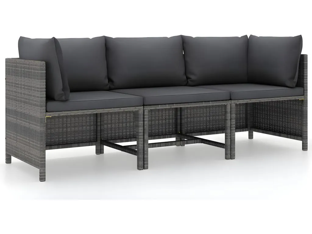Sofá de jardín de tres plazas con cojines en ratán sintético gris  RJ7137815