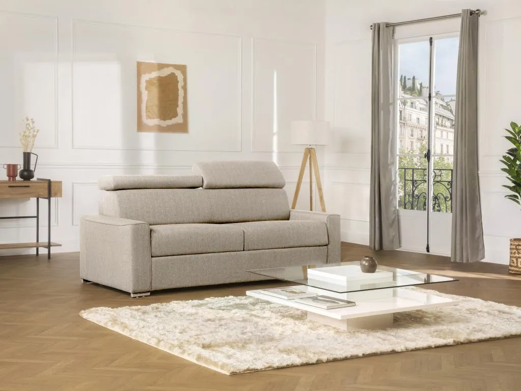 Sofá cama de 3 plazas de tela de apertura rápida Decocasaes - Beige - Somier de láminas de 140 cm - Colchón de 18 cm con memoria de forma 03366dnlx