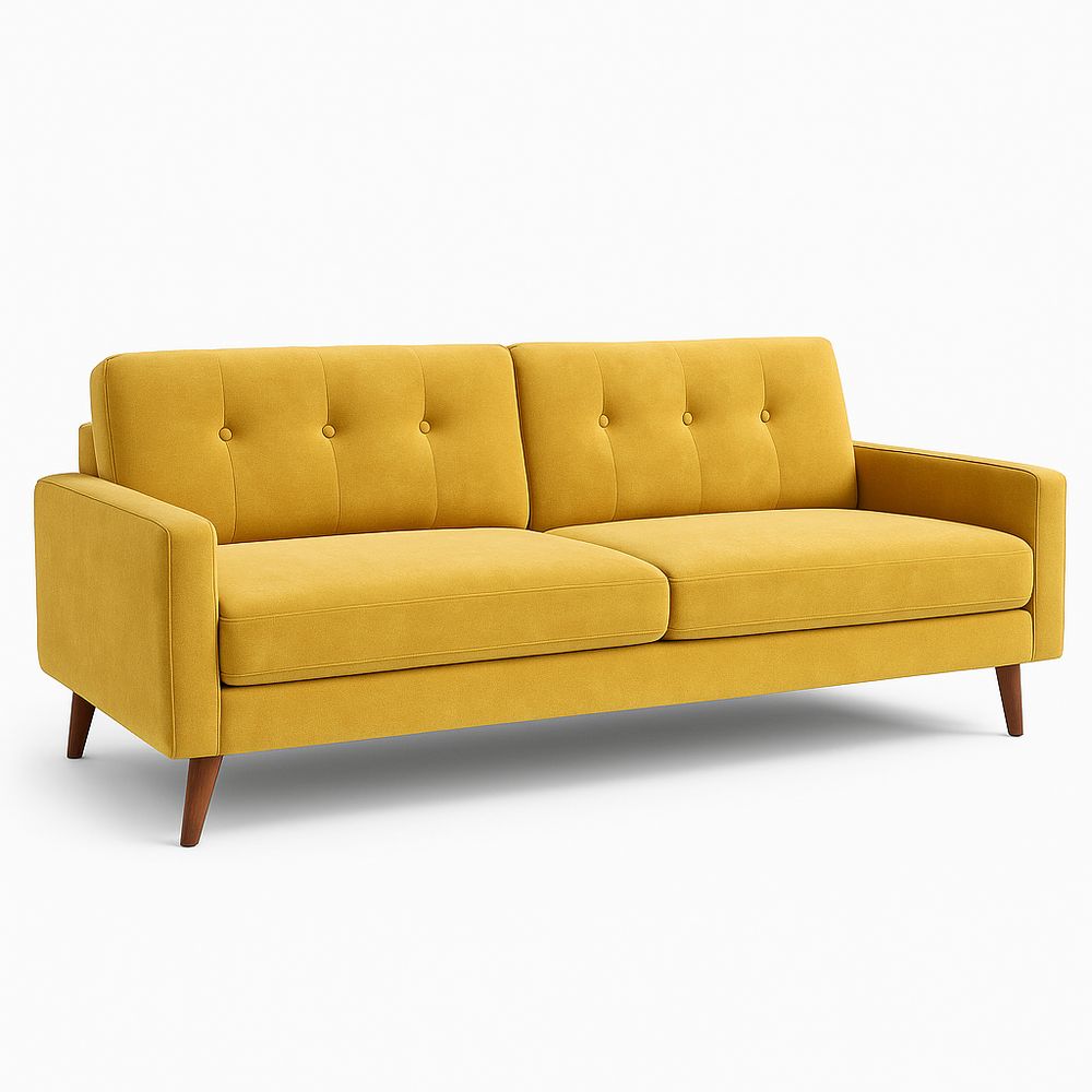 Sofá moderno de dos plazas en color mostaza, estilo escandinavo, tapizado en tela suave, con estructura de madera, adecuado para salas y salones