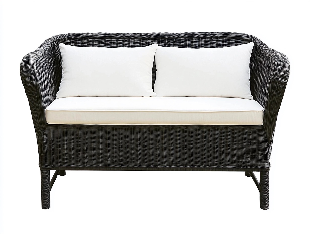 Sofá de mimbre sintético negro de 2 plazas 130x75x85 cm para terraza y jardín con cojines blancos estilo moderno ag3841799