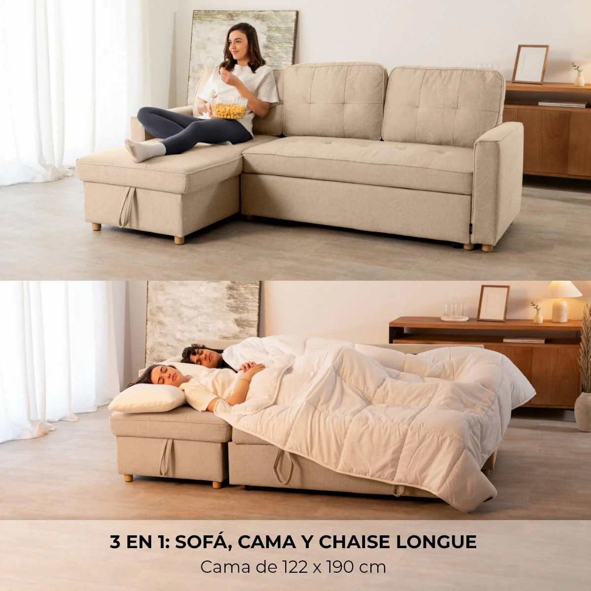 Sofá cama chaise longue reversible con arcón beige