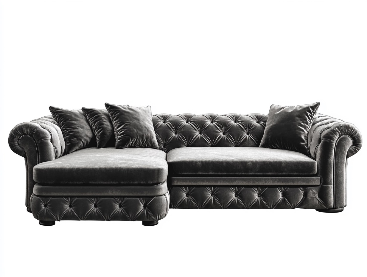 Sofá seccional de terciopelo gris oscuro 280x170 cm estilo clásico para sala de estar con chaise longue y cojines confort modernos ts6179096