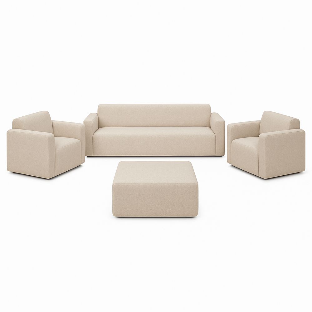 Juego de sala moderno, sofá de tres plazas, sillas reclinables, puff, estilo contemporáneo, tapicería suave, color beige, diseño minimalista