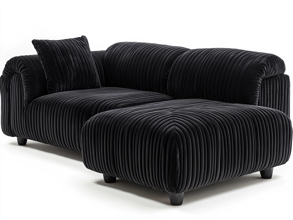 Sofá seccional moderno de terciopelo negro 250x160 cm para sala de estar con chaise longue y cojín estilo contemporáneo