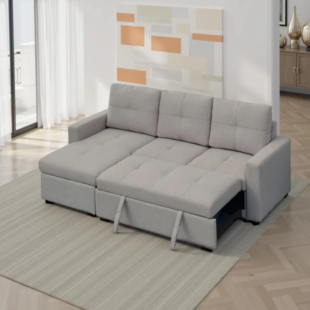 Sofá cama chaise longue reversible con arcón gris claro