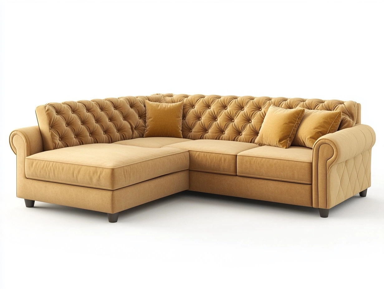 Sofá en L tapizado de terciopelo mostaza para sala de estar diseño clásico con chaise longue 280x180 cm estructura robusta y cojines cómodos dp3823347