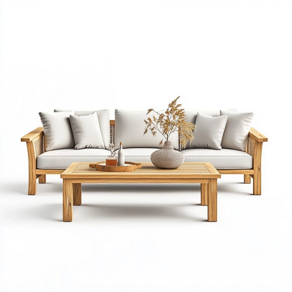 Sofá de Exterior de Madera Tres Plazas con Cojines Grises para Jardín y Terraza