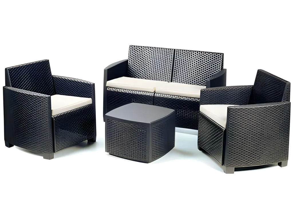 Conjunto de exterior compuesto por - 2 sillones monoplaza 1 sofá de dos plazas 1 mesa contenedor con 4 cojines Made in Italy color antracita