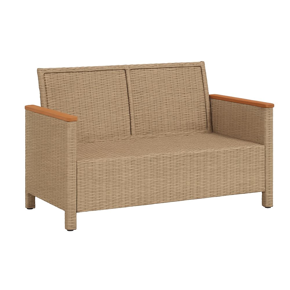 Sofá de jardín de ratán sintético, sofá de dos plazas con brazos de madera, ideal para exteriores y terrazas
