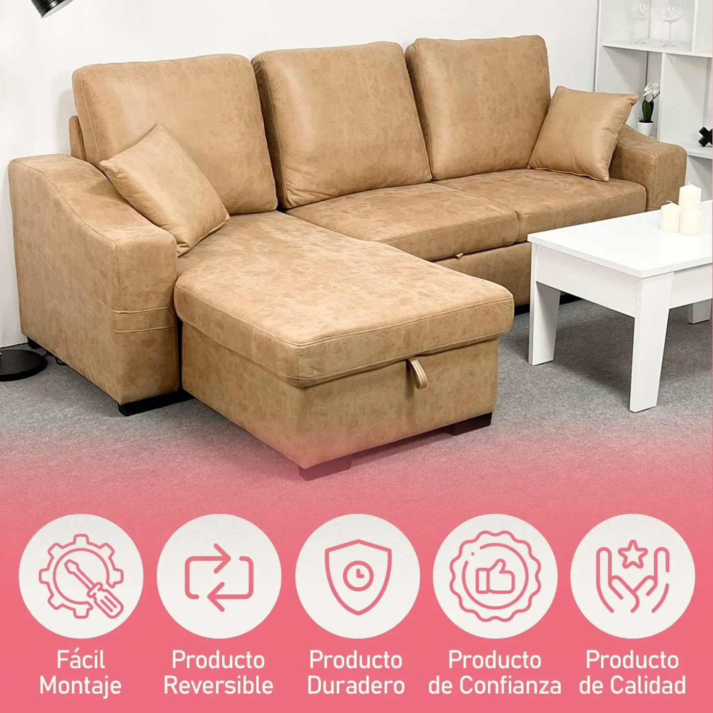 Chaise longue sofá cama reversible con arcón piedra