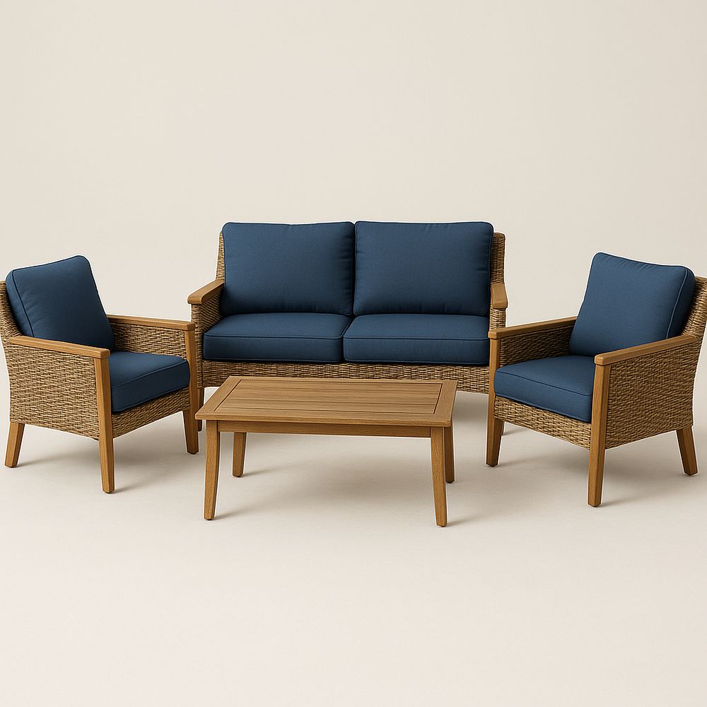 Conjunto de muebles de jardín de madera y ratán natural, sofá 2 plazas, 2 sillones y mesa, cojines azules