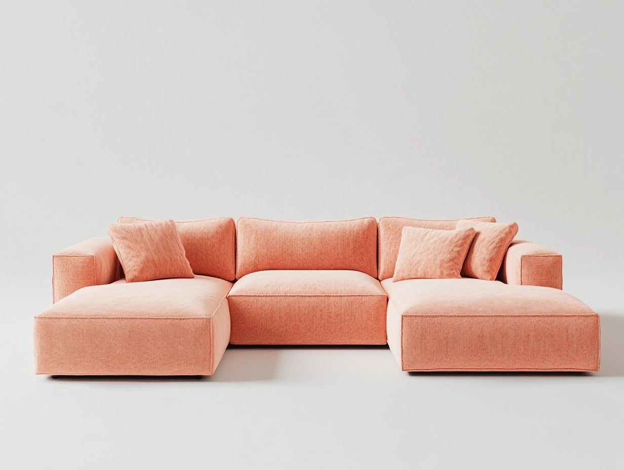 Sofá seccional moderno color coral para sala de estar tapizado en tela diseño modular 320x160x80 cm con chaise longue y cojines incluidos VG9347590