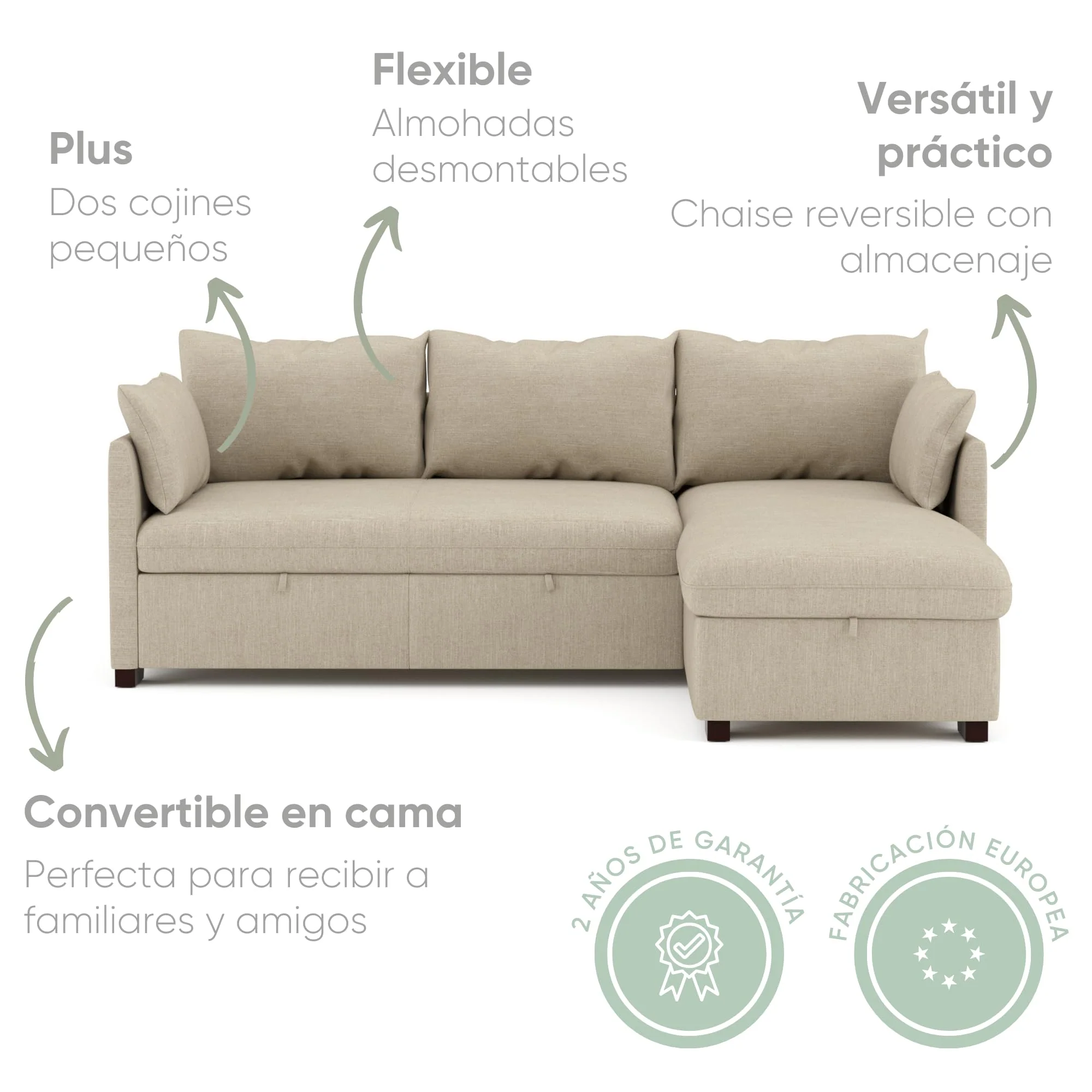 Sofá cama esquinero 4 plazas beige con arcón
