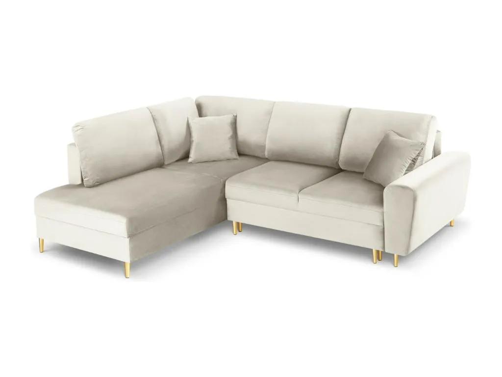 Micasacool - Sofá cama esquinero izquierdo con baúl de almacenaje Micasacool 5 plazas de terciopelo beige claro - 243x194x88cm