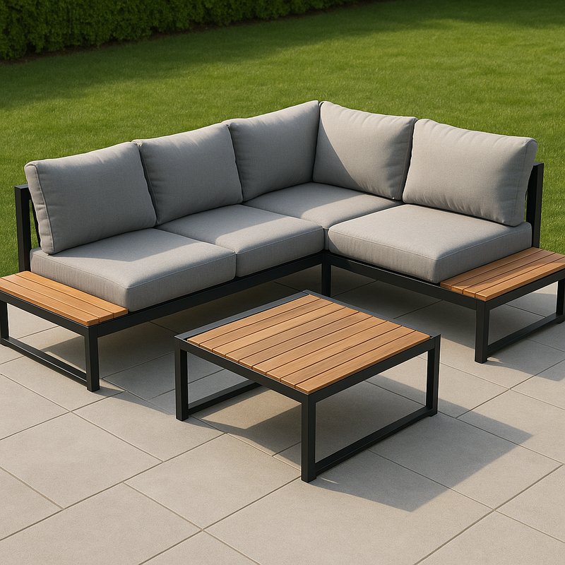 Conjunto de sofá esquinero modular para exterior de 4 plazas en metal gris y madera