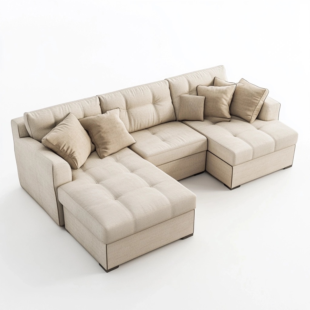 Sofá Seccional de Esquina de Tela Beige para Sala de Estar con Chaise Longue