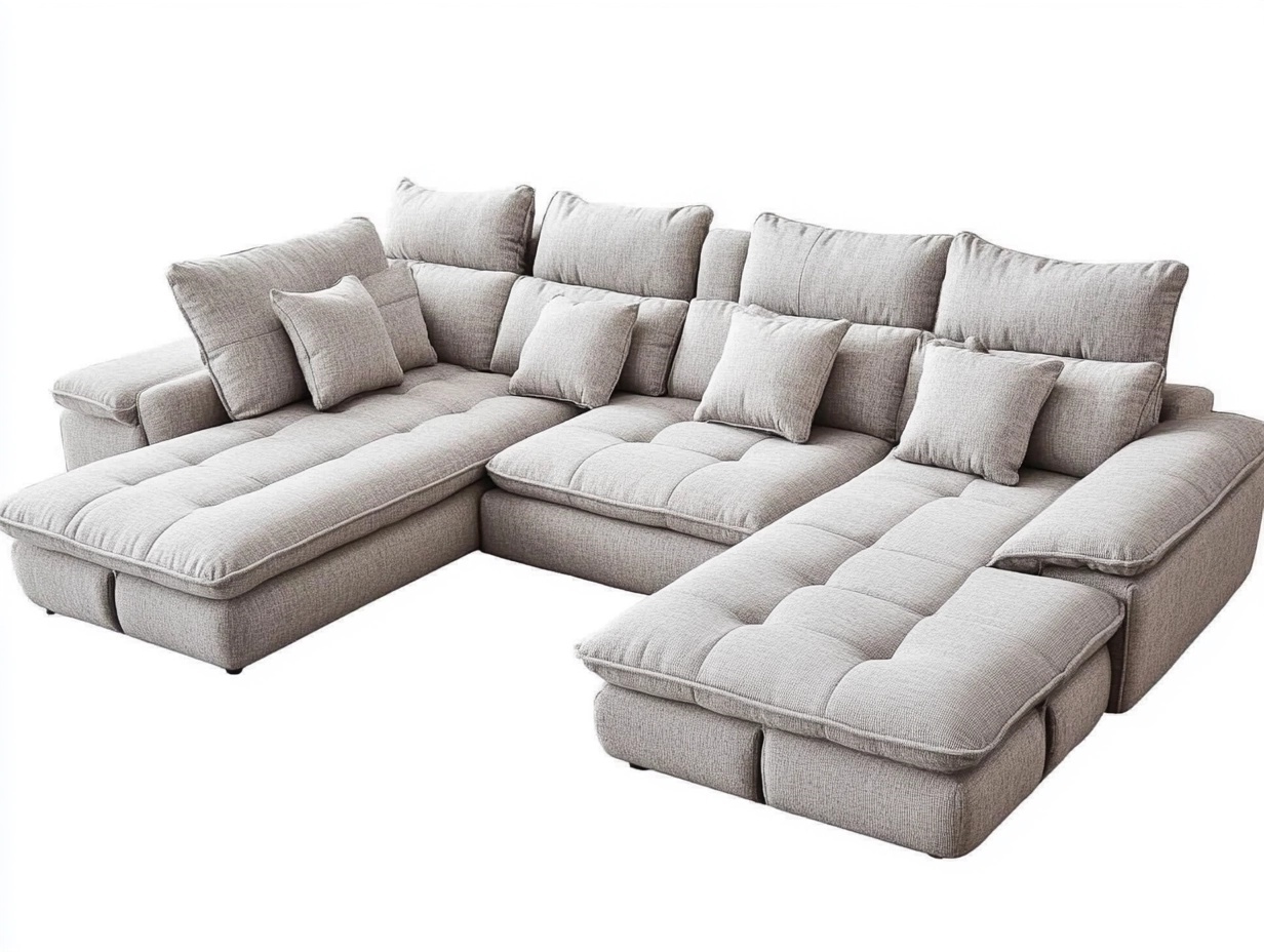 Sofá seccional grande de tela gris claro de 320x200x90 cm para salón con chaise longue y cojines modernos estilo contemporáneo