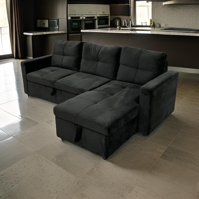 Sofá cama chaise longue moderno con almacenamiento negro