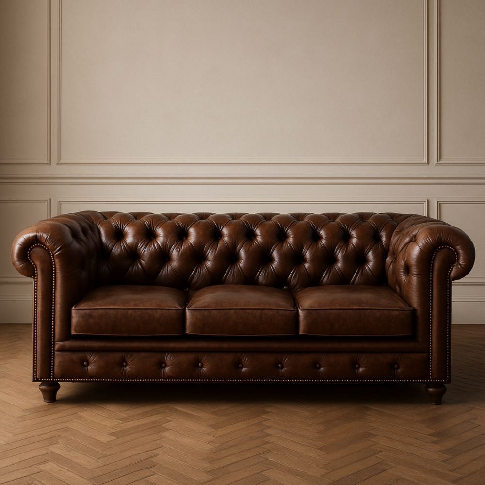 Sofá Chesterfield de 3 plazas marrón de cuero genuino con botones