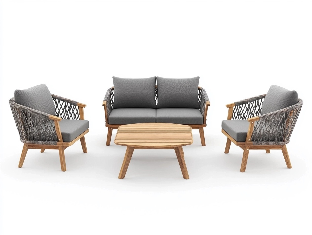 Conjunto de muebles de jardín con sofá de madera y cuerda gris para terraza salón exterior moderno 4 plazas mesa central 220x80 cm