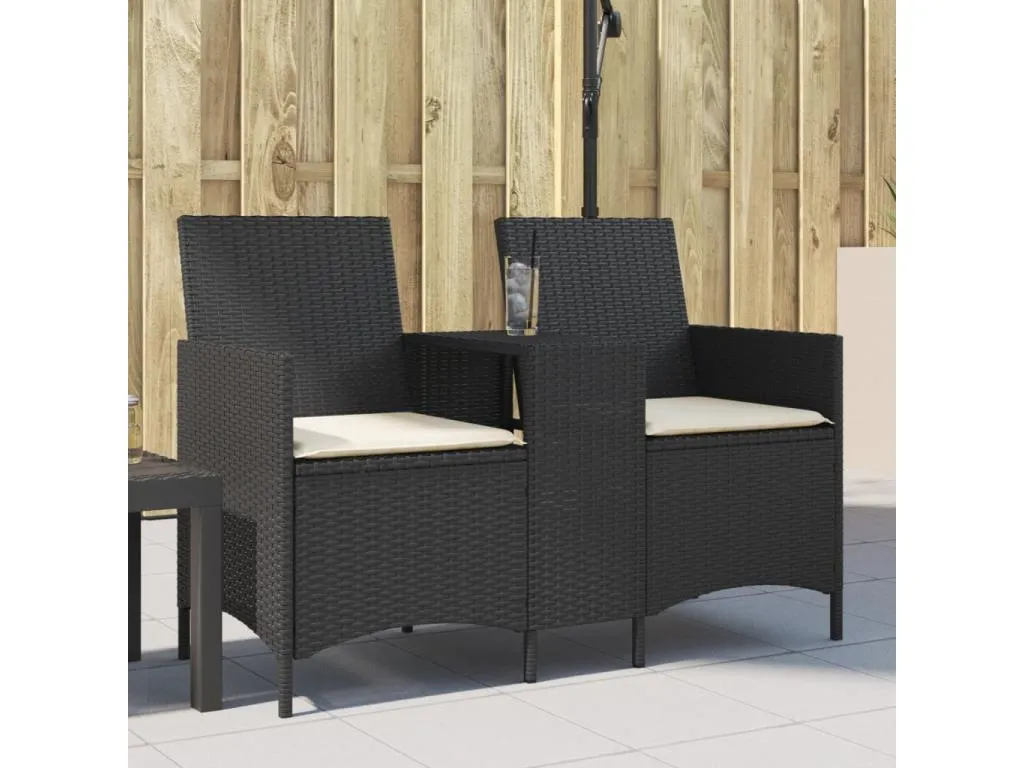 Sofá jardín de 2 plazas con mesa y cojín ratán sintético negro 61105dovz
