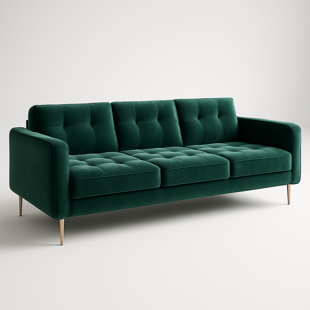 Sofá de Terciopelo Verde de Tres Plazas con Patas de Madera 220 x 85 x 75 cm