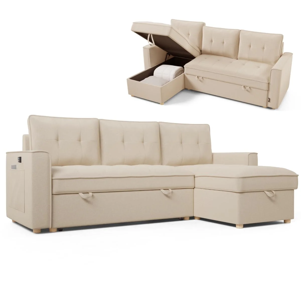 Sofá cama chaise longue reversible con arcón beige