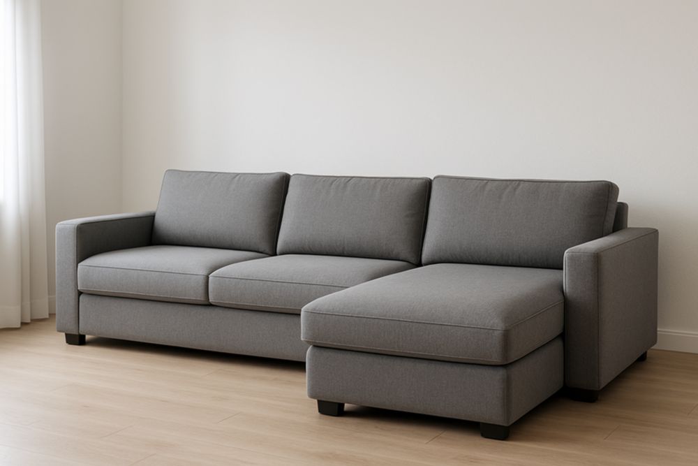 Sofá seccional de tela gris con chaise longue 285 cm