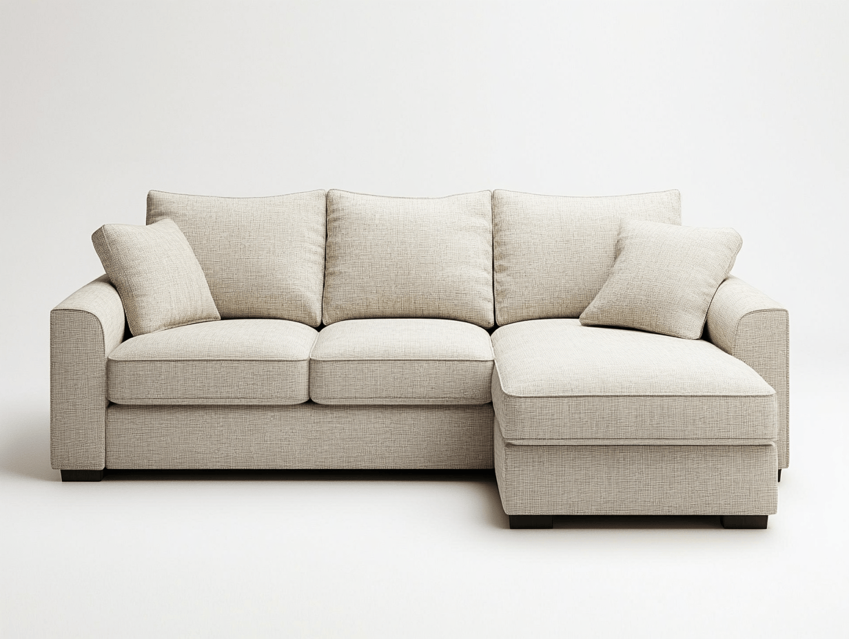 Sofá chaise longue de 3 plazas con estructura de pino macizo y tapizado lino-poliéster – Cojines integrados grandes