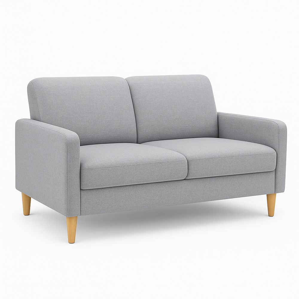 Sofá moderno de dos plazas, estructura de madera, tapizado en tela suave, estilo escandinavo, ideal para salas de estar, color gris claro