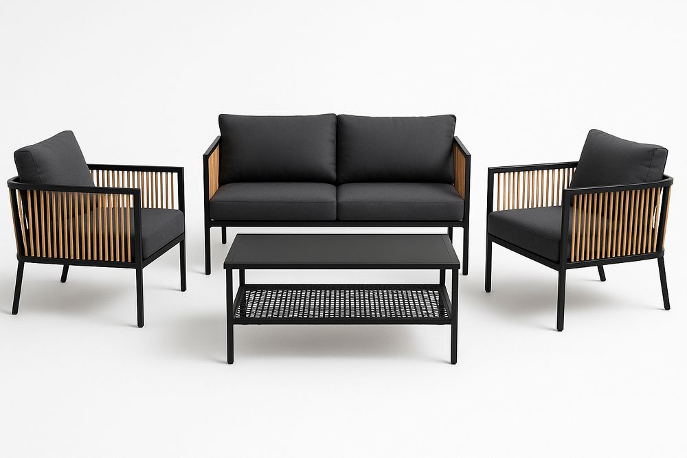 Set de muebles de jardín negro con paneles laterales de madera de acacia, sofá 2 plazas, 2 sillones y mesa con estante inferior