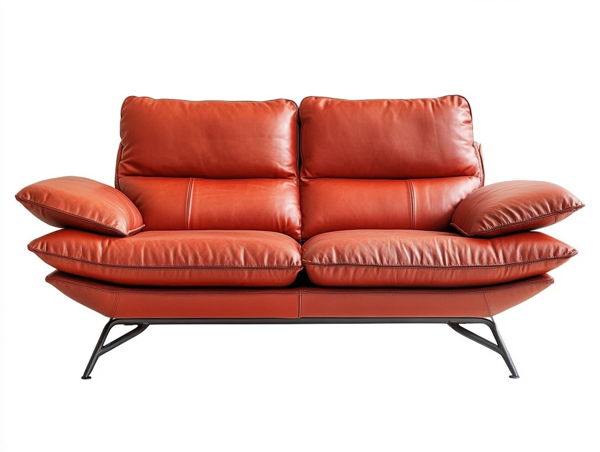 Sofá de cuero moderno para sala de estar 180 cm dos plazas estructura metálica color marrón rojizo elegante y confortable