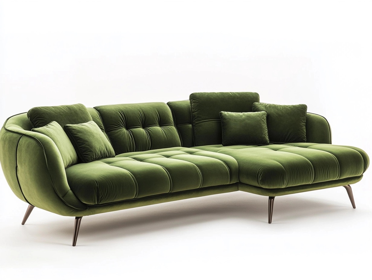 Sofá Esquinero Verde Oliva de Terciopelo Moderno para Salón 280x180cm con Chaise Longue y Patas Metálicas JB4562880