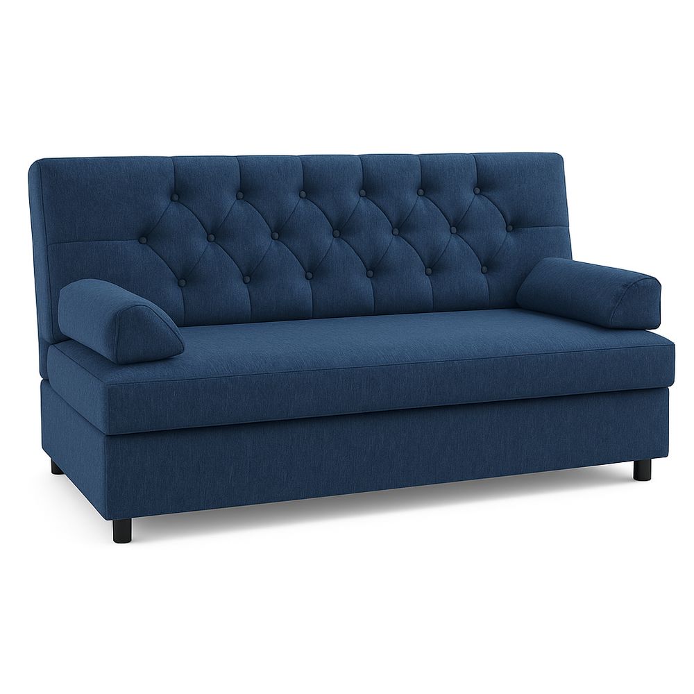 Sofá de estilo moderno de dos plazas con tapizado azul,funcional y cómodo