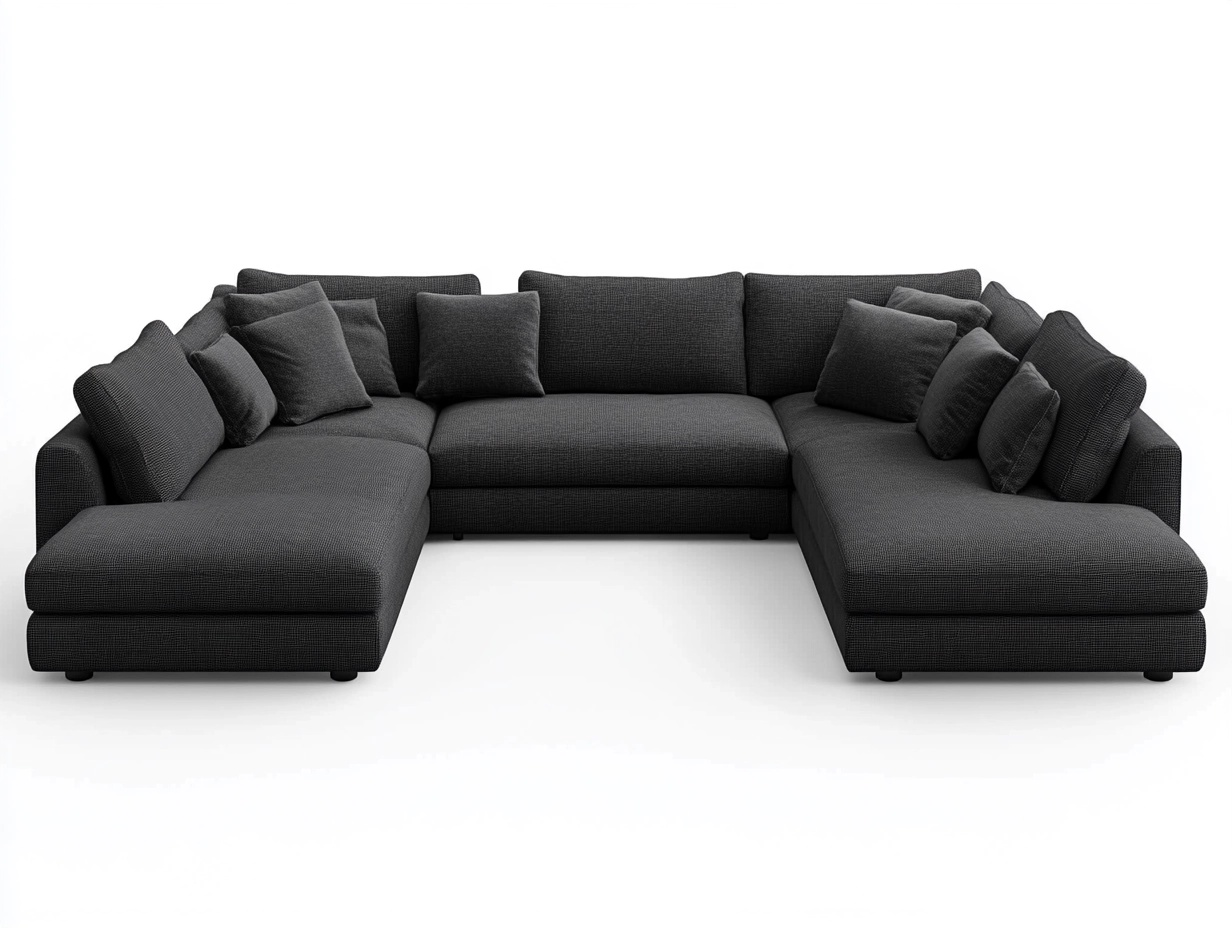 Sofá modular en forma de U con chaise longue y cojines incluidos para salón moderno, tapizado en tela negra