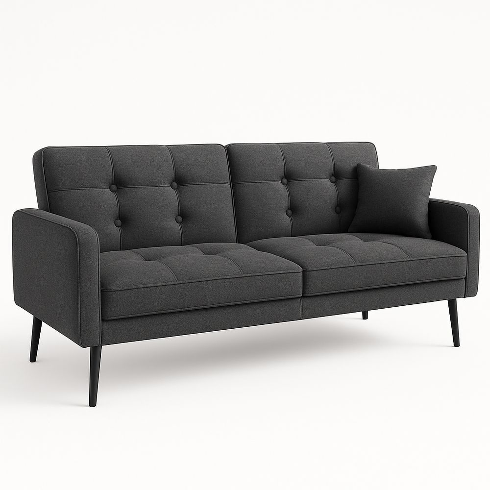 Sofá moderno de tres plazas,diseño minimalista,tapizado en tela gris,estructura de madera,cojín decorativo incluido