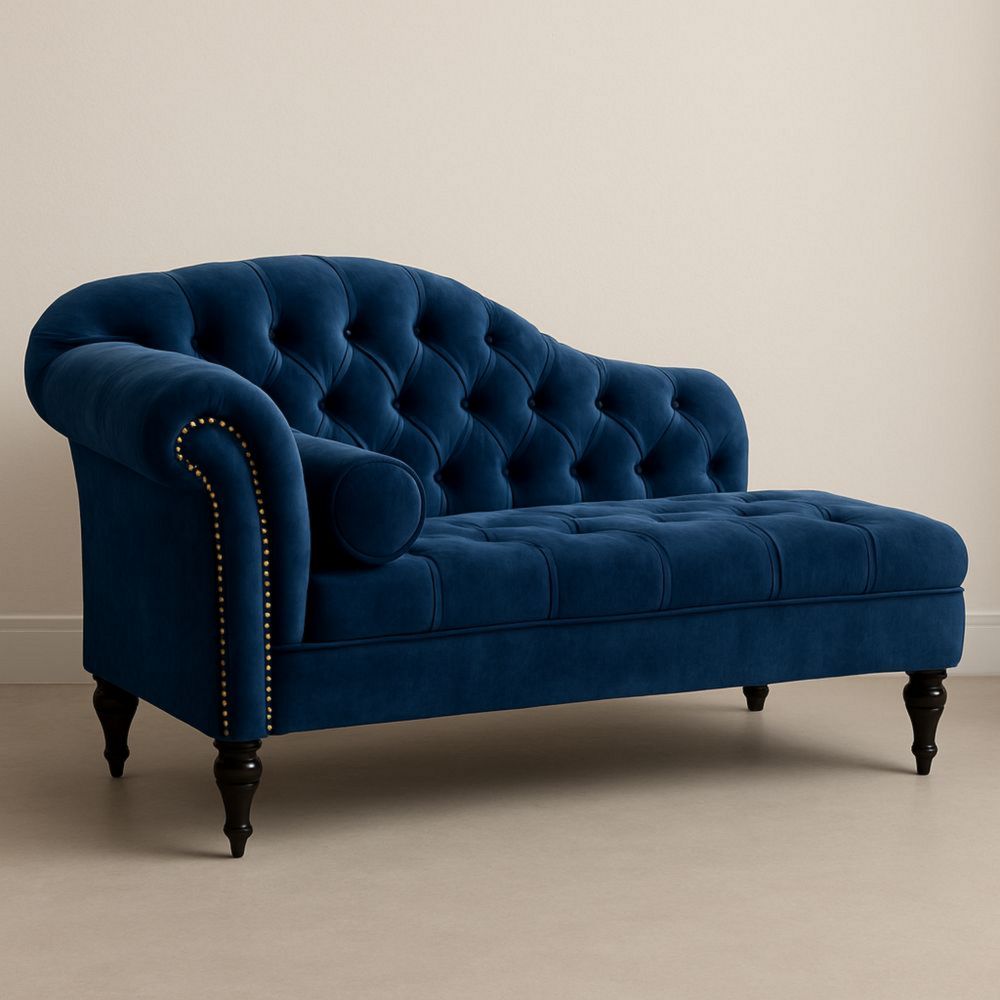 Sofá tipo chaise longue de terciopelo azul con tachuelas y patas de madera