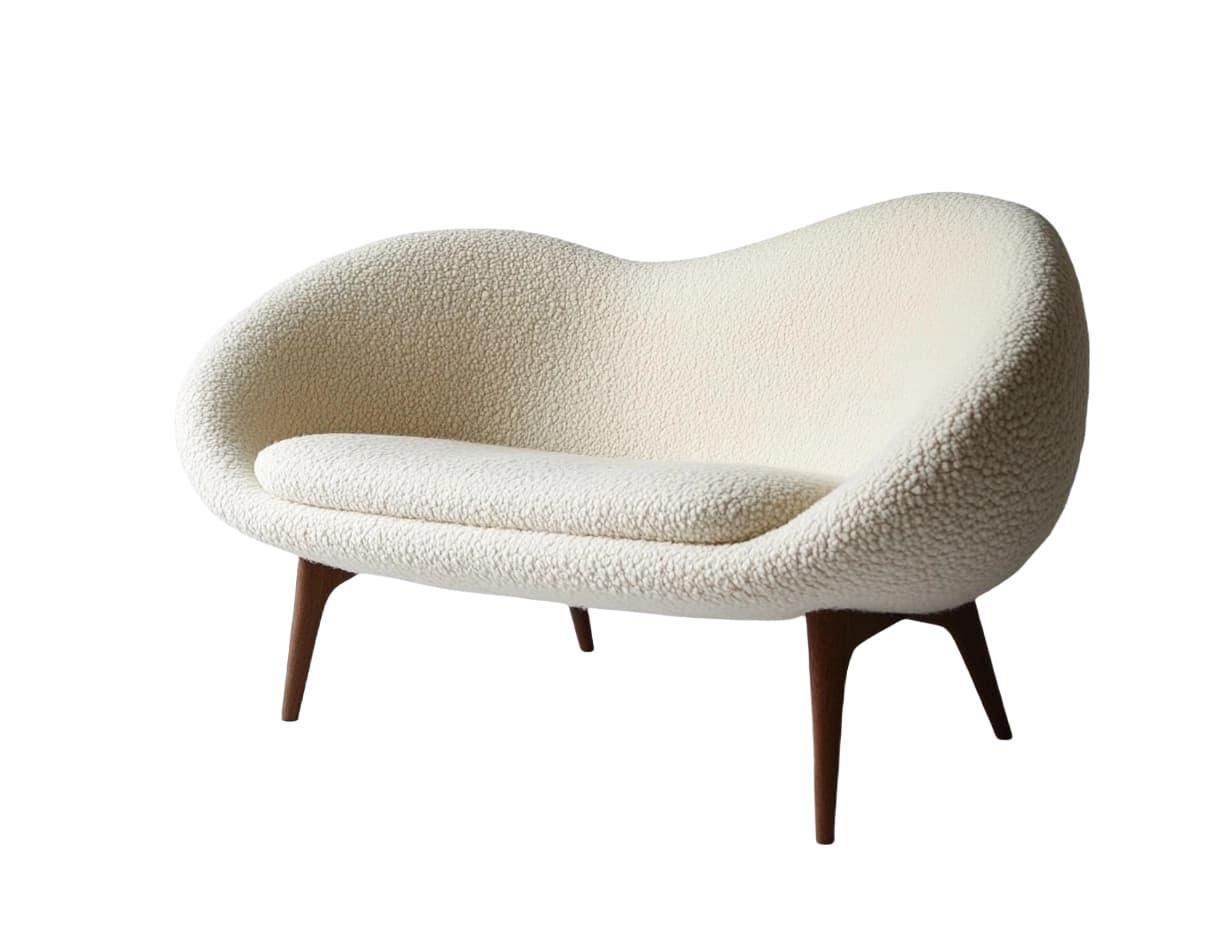 Sofá de dos plazas con diseño ondulado tapizado en tela bouclé color crema para sala moderna