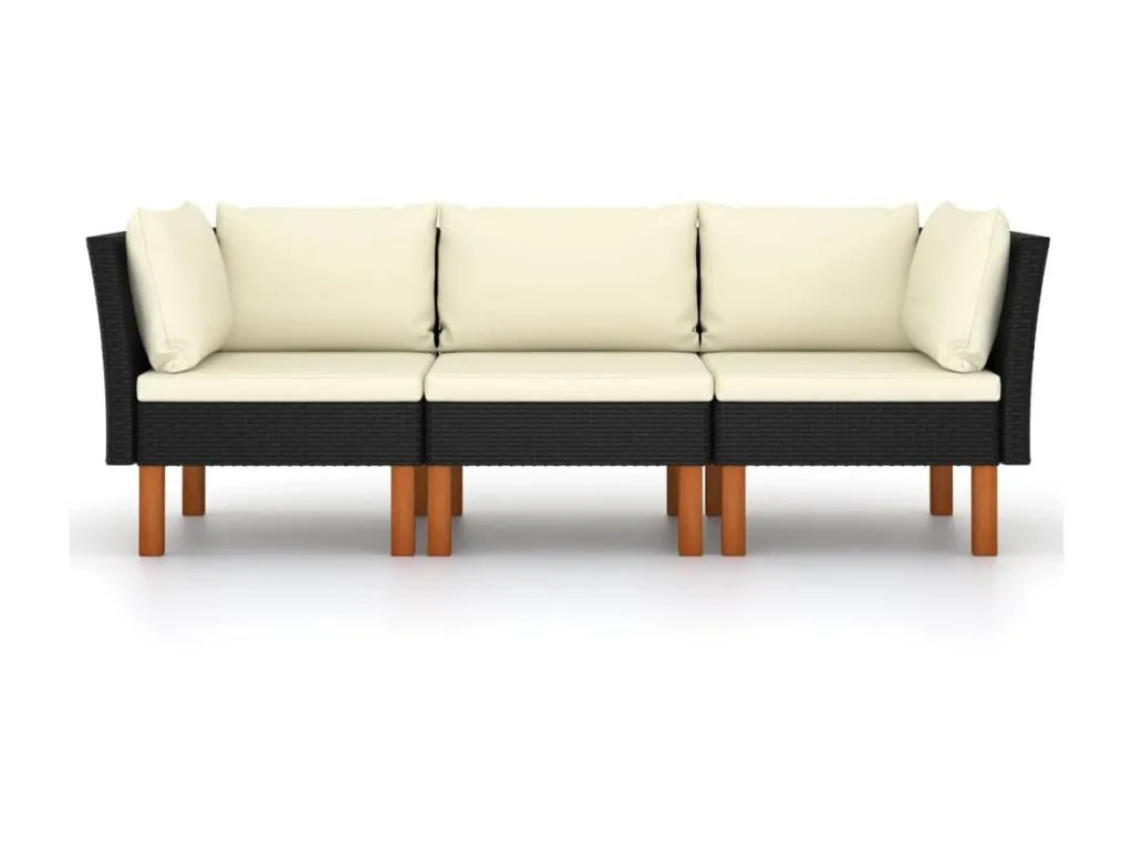 Sofá de jardín 3 plazas con cojines ratán sintético negro