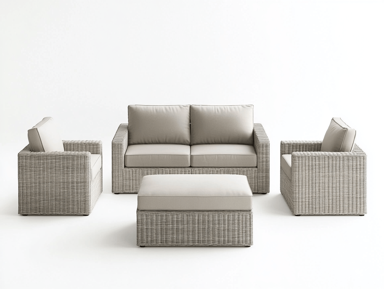 Conjunto de sofá de jardín 4 plazas con estructura de ratán gris y cojines beige