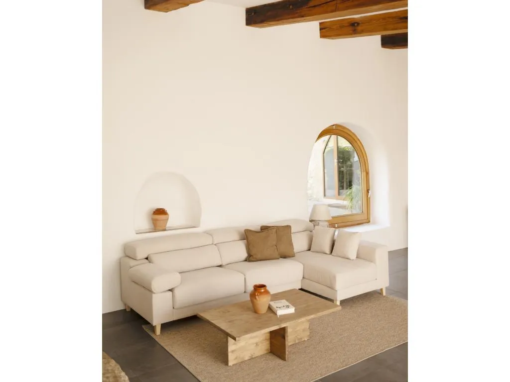 Sofá 4 plazas y chaise longue derecho color beige 278cm - Decoencanto