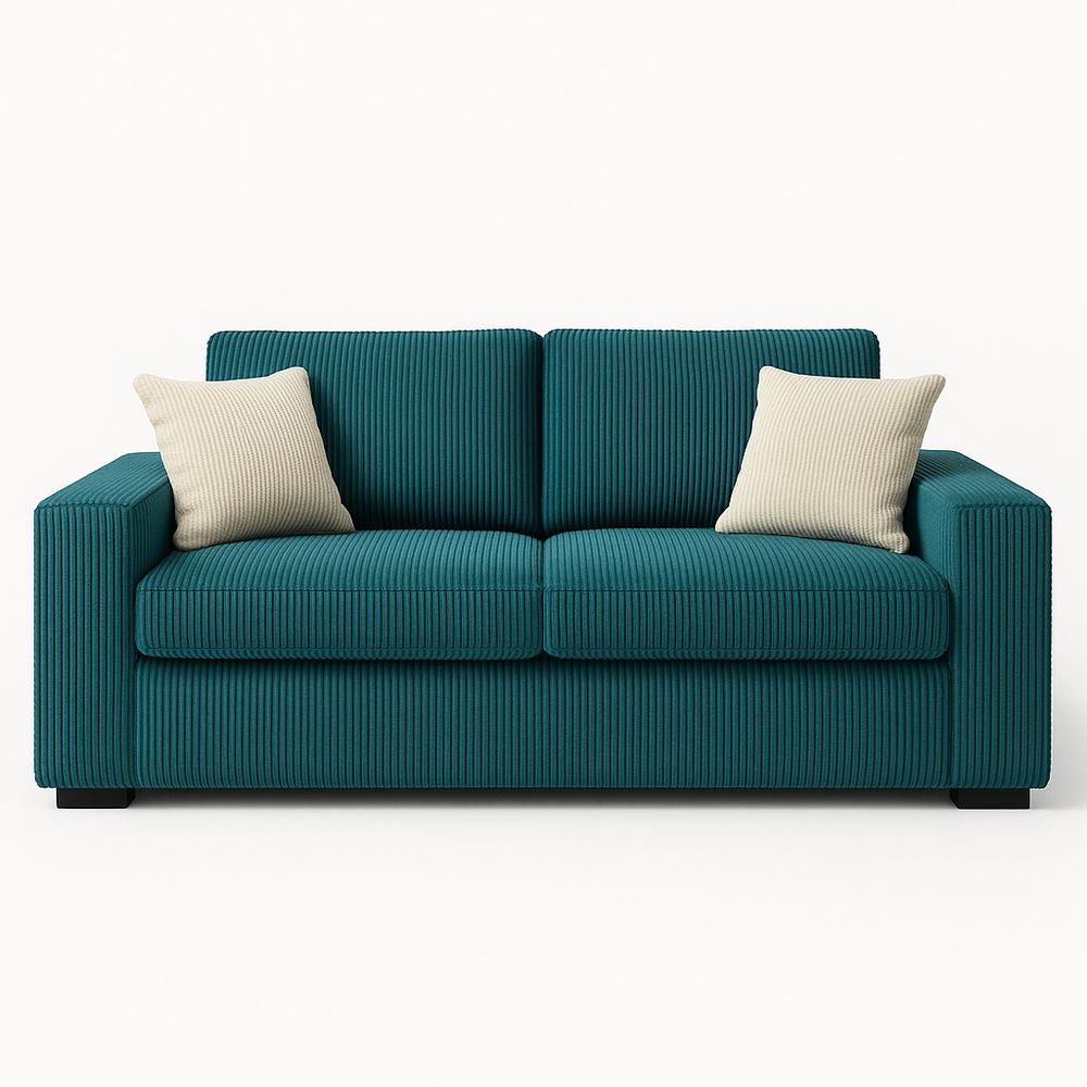 Sofá contemporáneo de dos plazas en terciopelo verde azulado, amplio y cómodo, ideal para salón o sala de estar